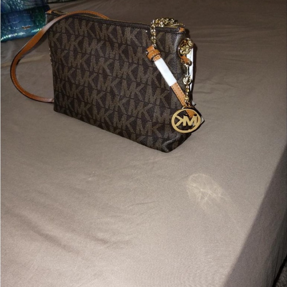 Michael Kors Brown Monogram Crossbody Bag with Gold Accents